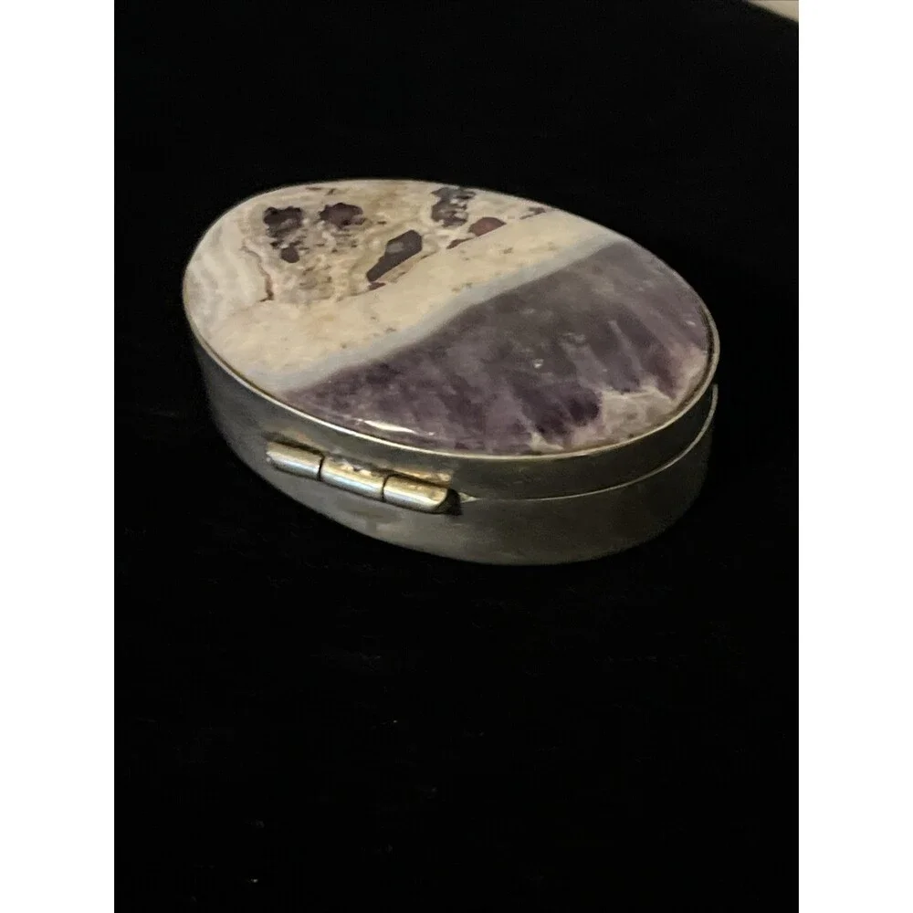 Sterling Silver Opalized Fluorite Cabochon Vintage Handmade Rare Pill Box Mexico